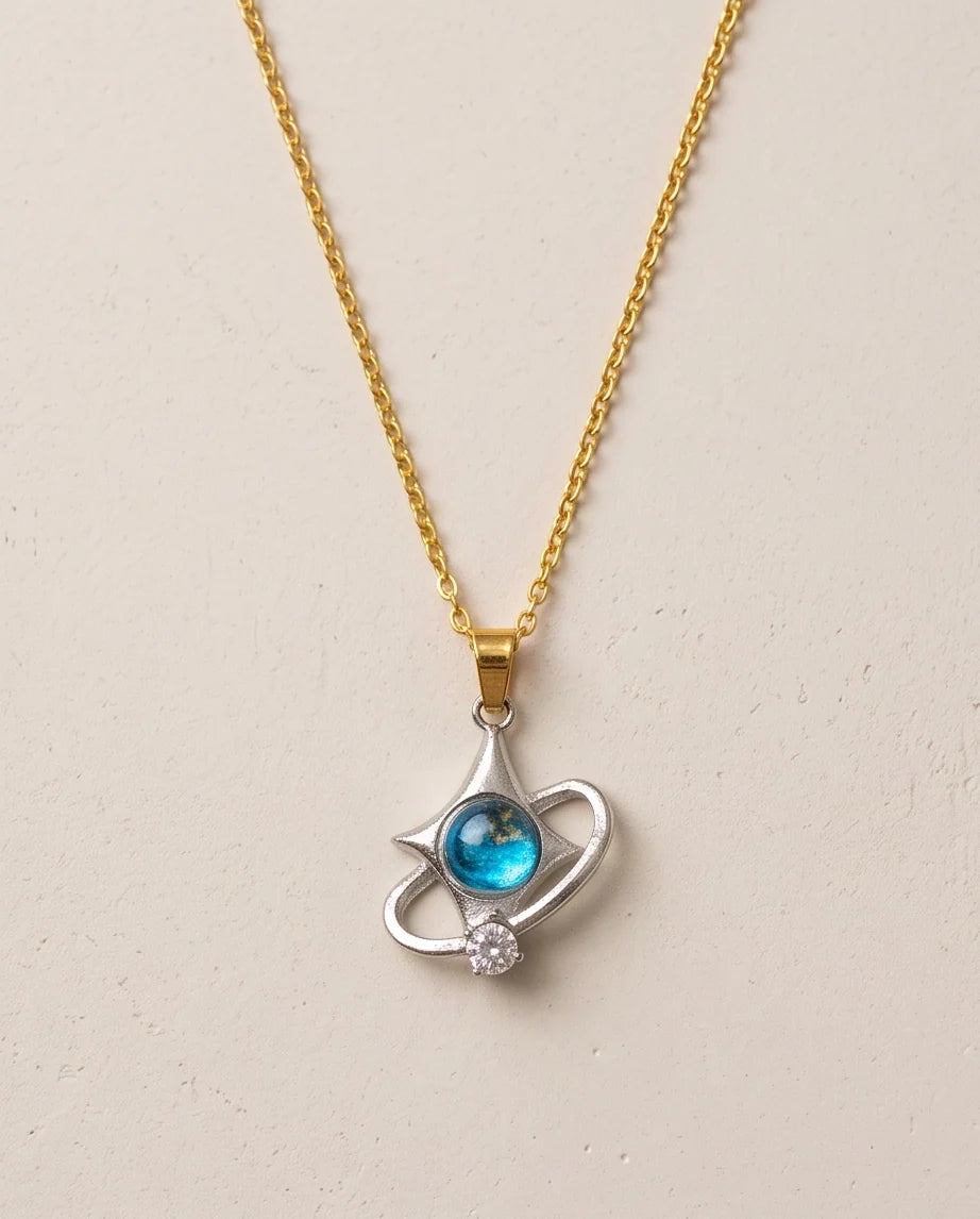 Silver Cosmic Four-Point Star Planet Ring Pendant Necklace