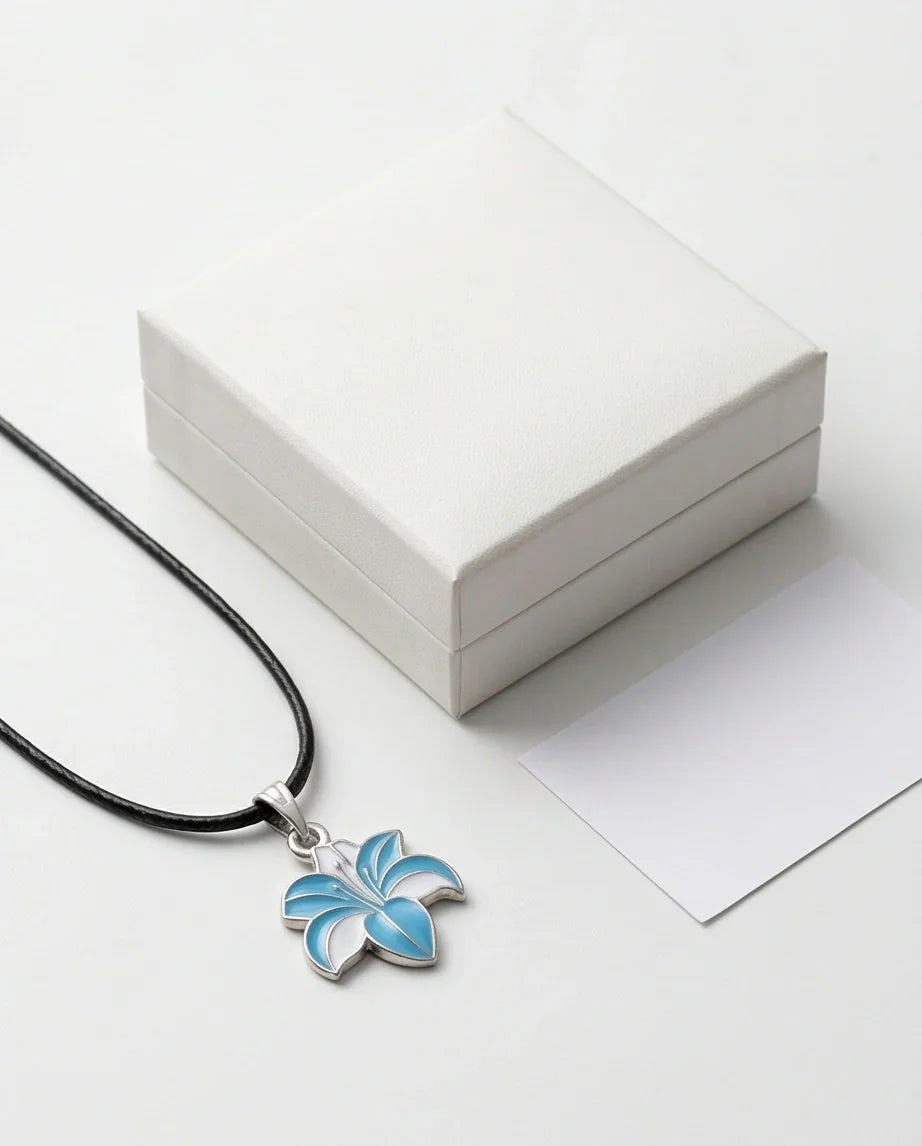 Serene Blue and White Lily Enamel Pendant Necklace