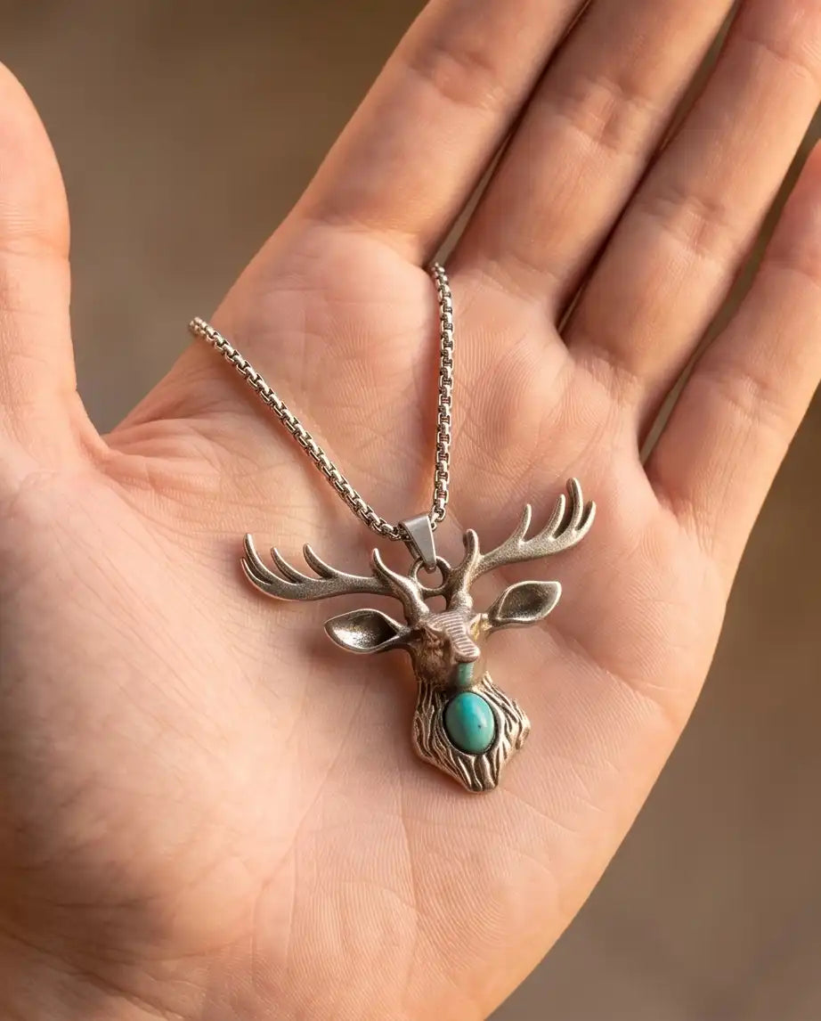 Turquoise Stone Stag Head Pendant Box Chain