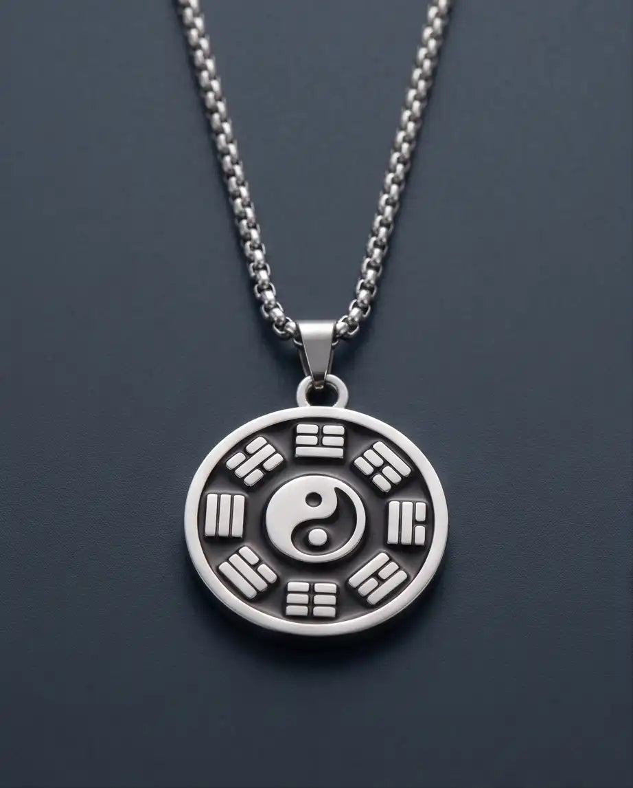Yin Yang Bagua Symbol Medallion Silver Box Chain Necklace