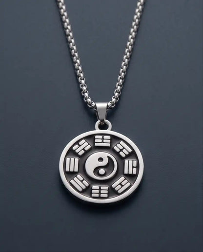 Yin Yang Bagua Symbol Medallion Silver Box Chain Necklace