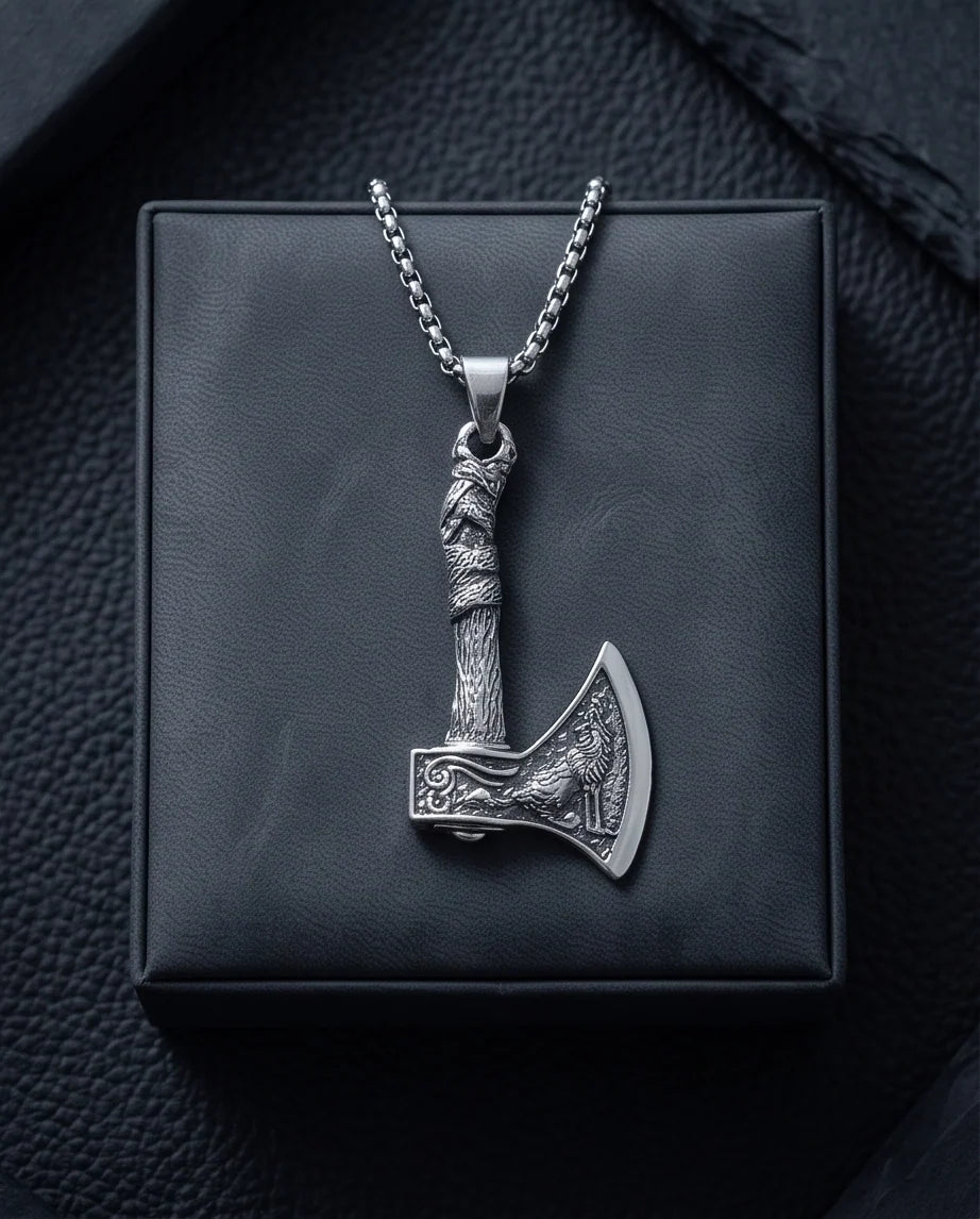 Silver Viking Axe Wolf Pendant Necklace