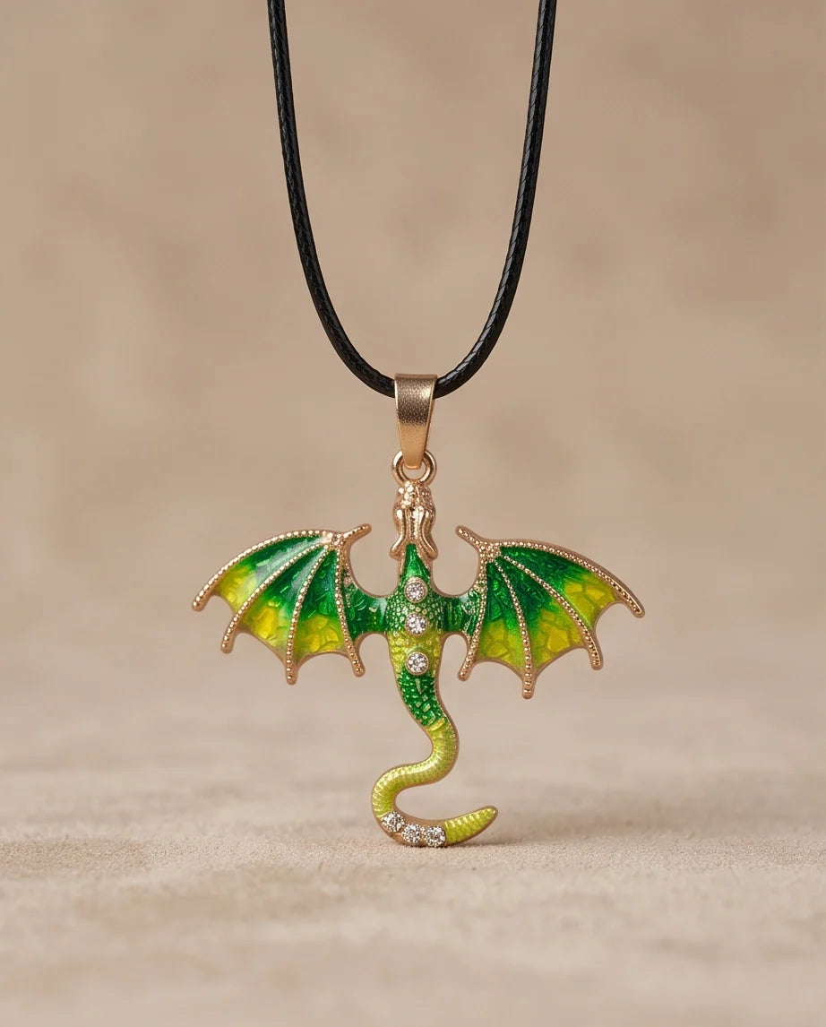 Gold Green Enamel Dragon Wyvern Pendant Necklace