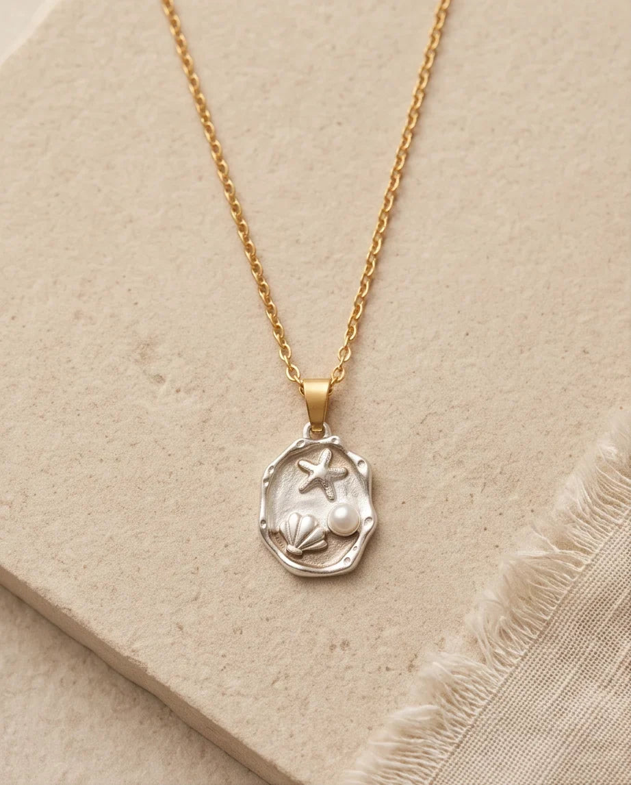 Silver Gold Seashell Starfish Pearl Enamel Medallion Chain Necklace