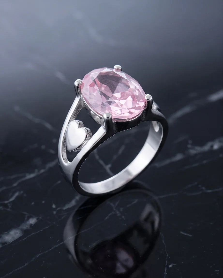 Silver Oval Pink Gemstone Heart Detail Solitaire Ring