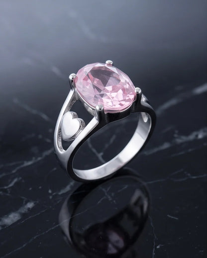 Silver Oval Pink Gemstone Heart Detail Solitaire Ring