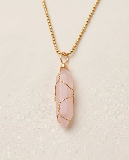 Wire-Wrapped Soft Pink Quartz Crystal Point Pendant Bead Chain