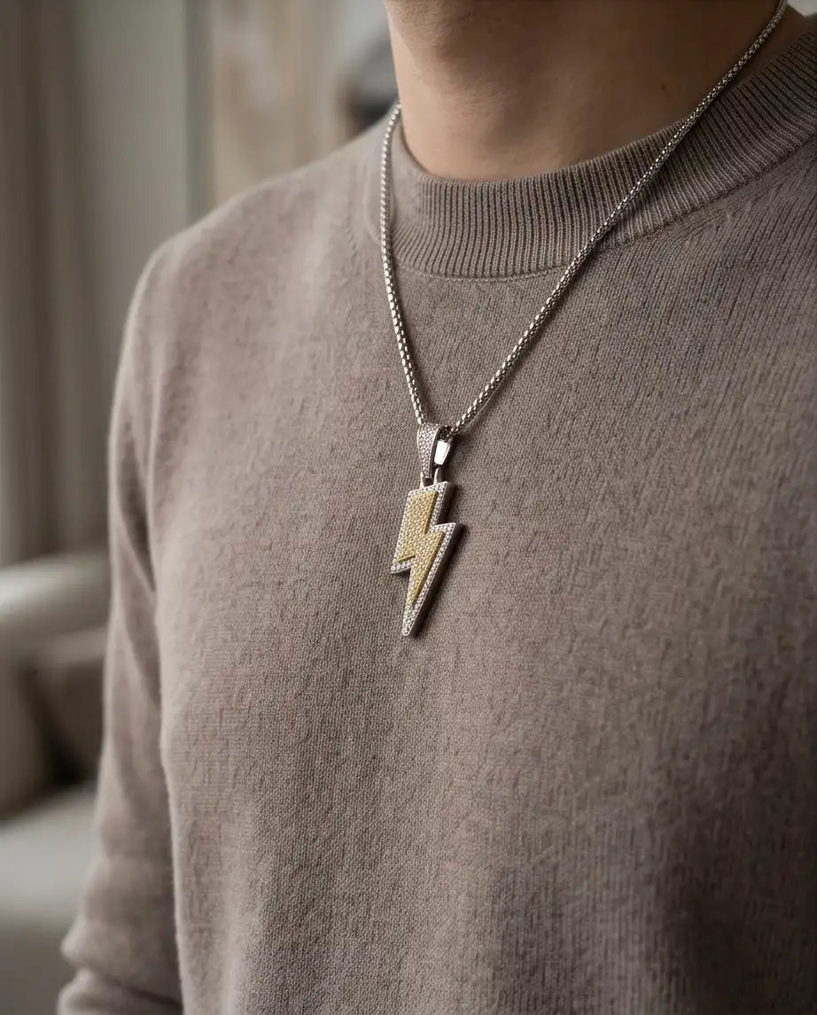 Iced Two-Tone Lightning Bolt Pendant Box Chain