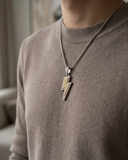 Iced Two-Tone Lightning Bolt Pendant Box Chain