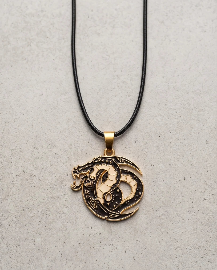 Gold Coiled Dragon Black & White Enamel Pendant Necklace