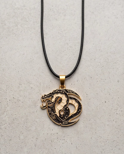Gold Coiled Dragon Black & White Enamel Pendant Necklace