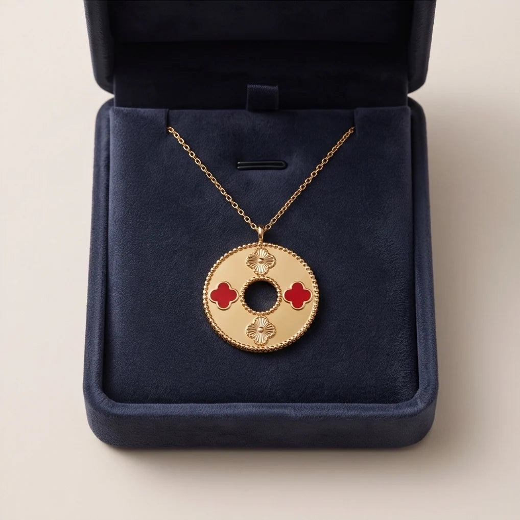 Gold Red Clover Medallion Necklace