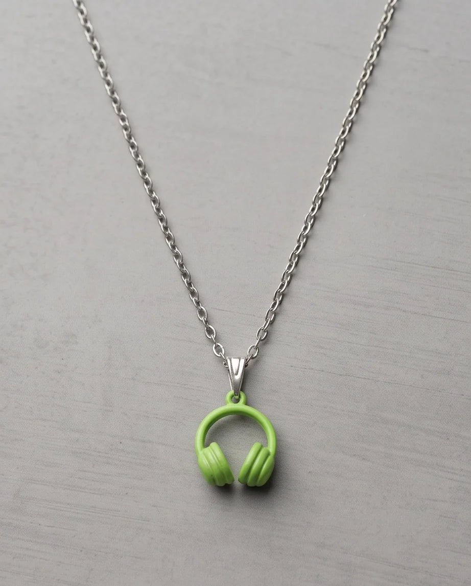 Lime Green Headphones Enamel Pendant Necklace
