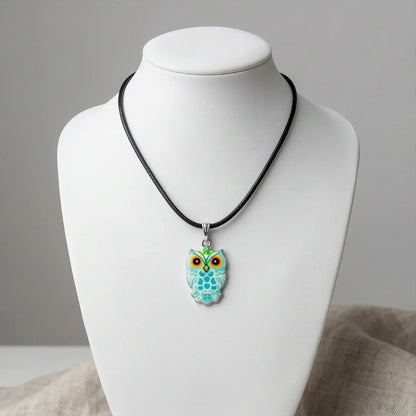 Vibrant Mint Blue Owl Totem Pendant Necklace