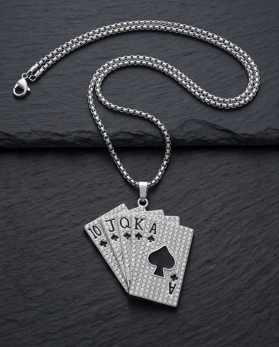 Iced Royal Flush Playing Cards Pendant Silver Box Chain Necklace