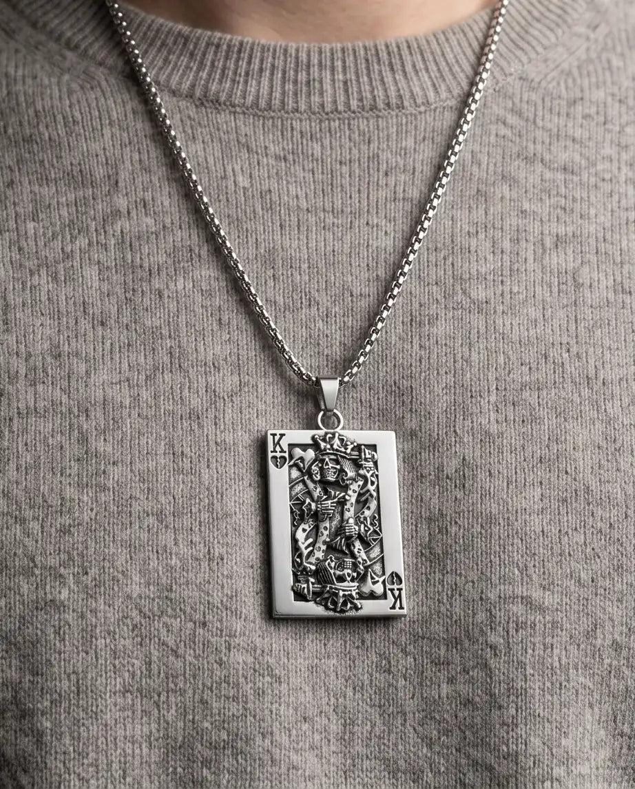 Gothic Skeleton King Card Pendant Box Chain