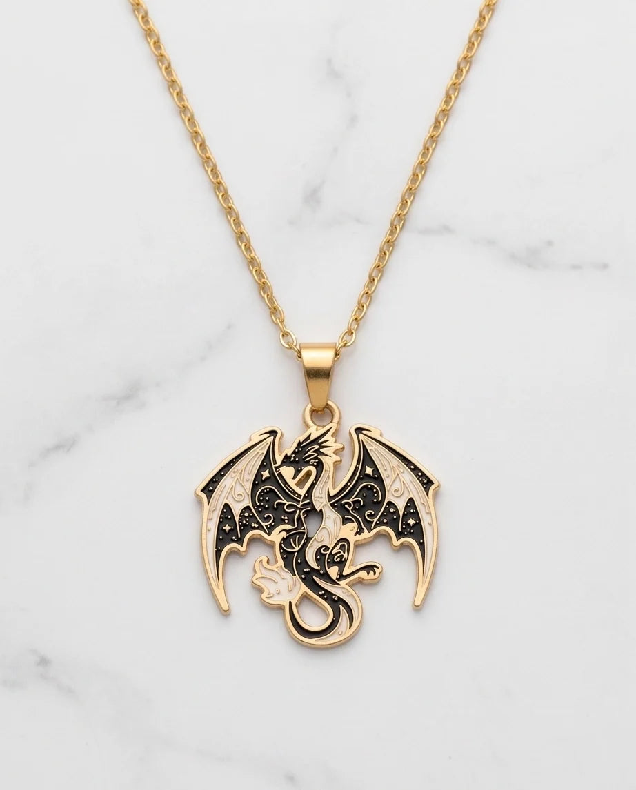 Gold Celestial Dragon Black & White Enamel Pendant Necklace