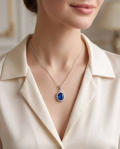 Silver Sapphire Blue Oval Halo Medallion Pendant Necklace