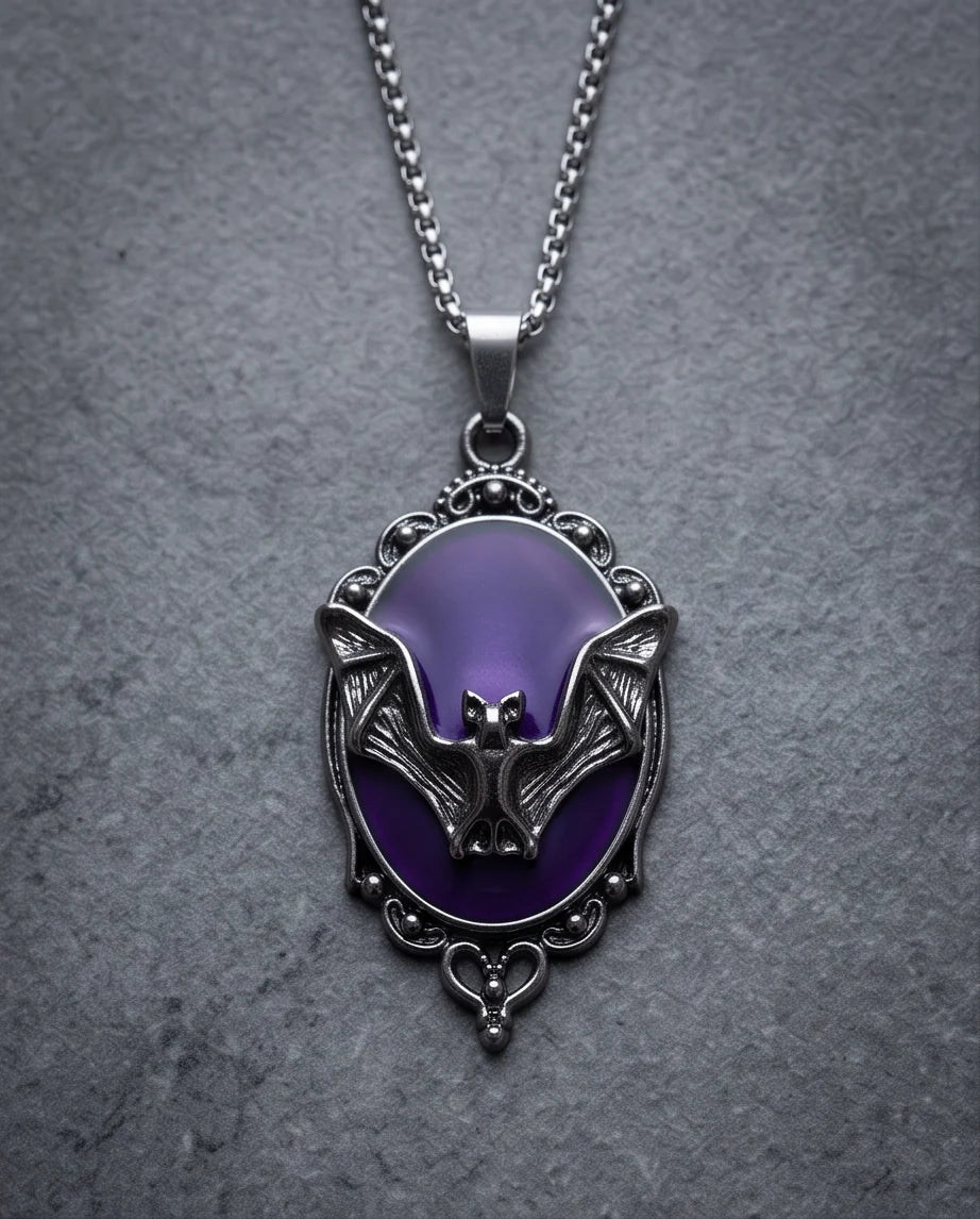 Antique Silver Gothic Bat Purple Enamel Medallion Chain Necklace