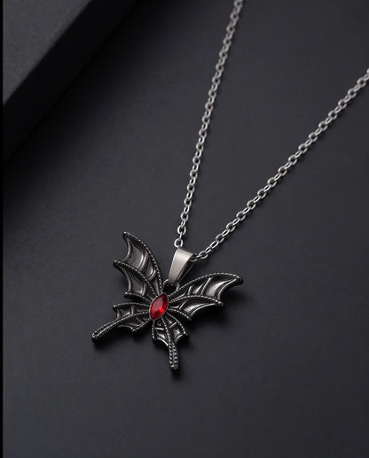 Black Bat-Wing Butterfly Red Gem Pendant Necklace
