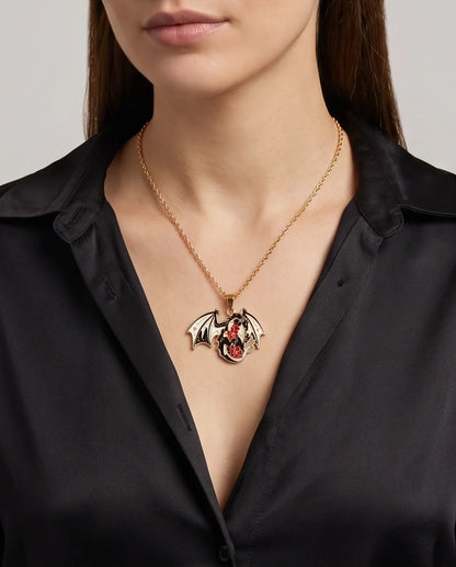Gold Floral Dragon Black & White Enamel Pendant Necklace