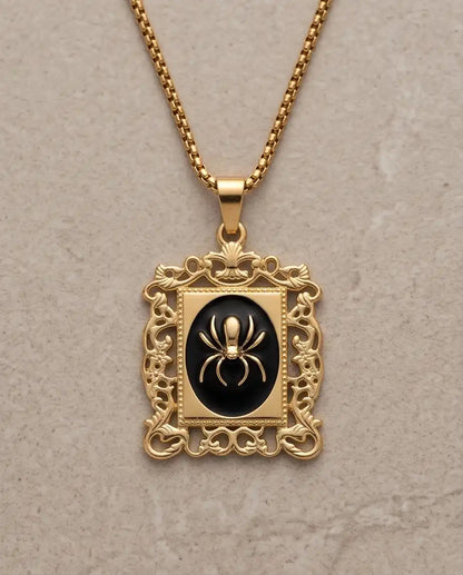 Ornate Golden Spider Filigree Cameo Pendant Box Chain
