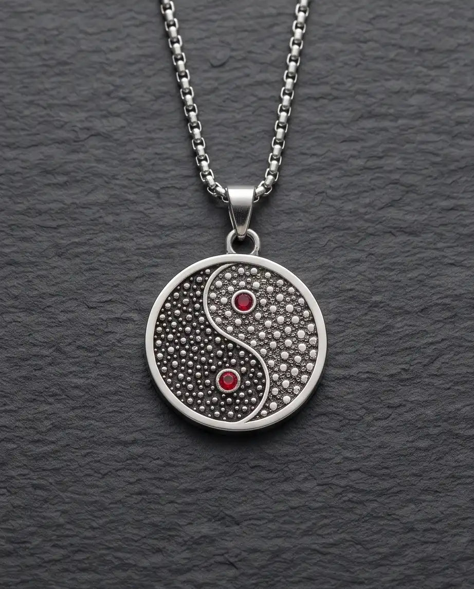 Red Gemstone Stippled Yin Yang Medallion Silver Box Chain Necklace