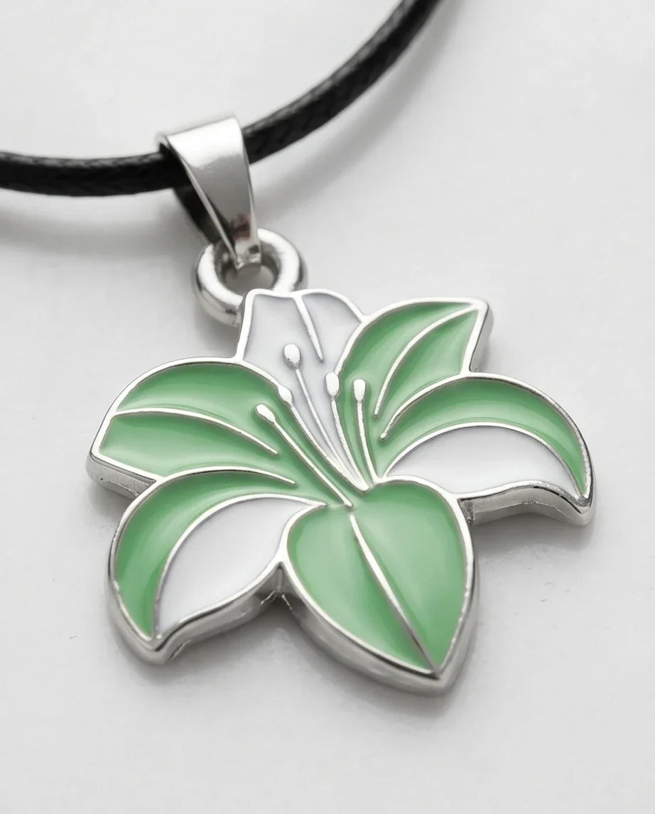 Elegant Green and White Lily Enamel Pendant Necklace