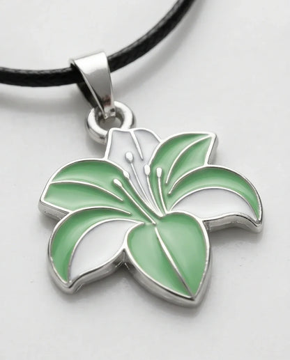 Elegant Green and White Lily Enamel Pendant Necklace
