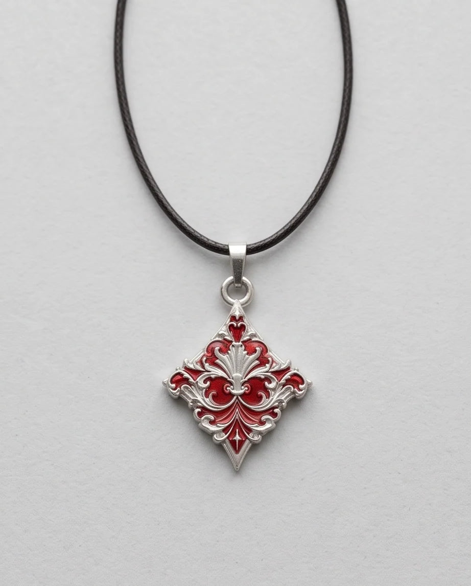 Silver Red Enamel Filigree Diamond Pendant Necklace