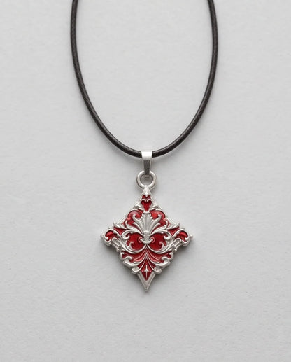 Silver Red Enamel Filigree Diamond Pendant Necklace