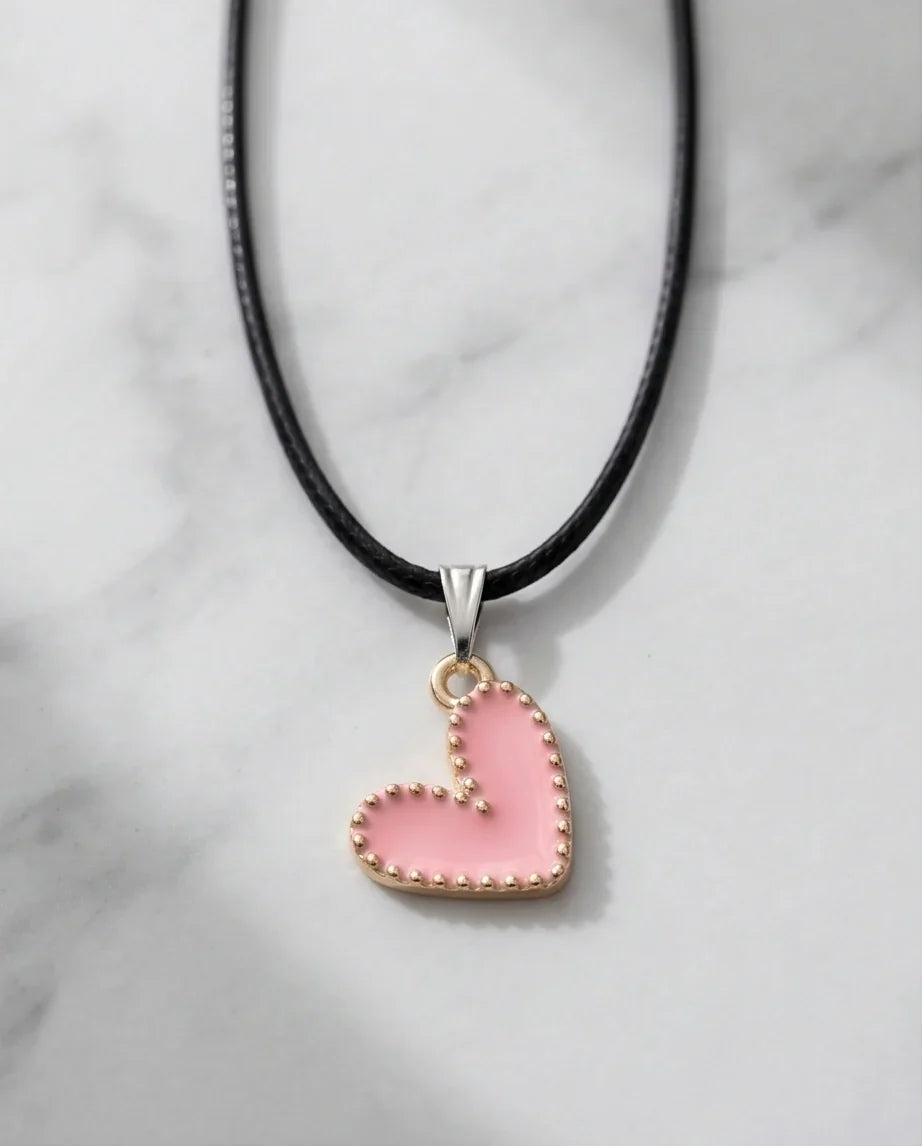 Pink Beaded-Edge Heart Enamel Pendant Necklace