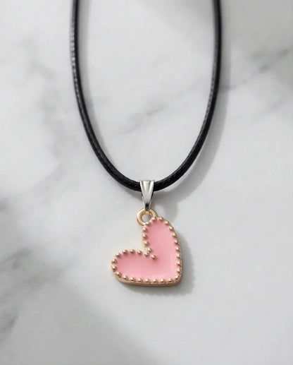 Pink Beaded-Edge Heart Enamel Pendant Necklace