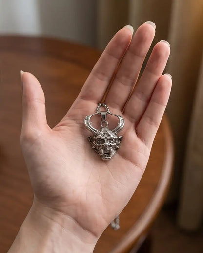 Antiqued Horned Oni Demon Mask Pendant Box Chain
