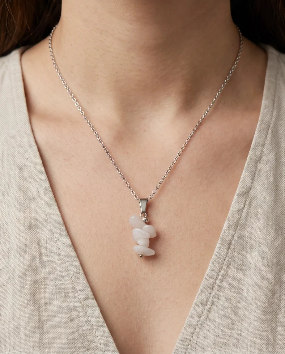 Silver Stacked Raw Rose Quartz Chip Stone Pendant Necklace