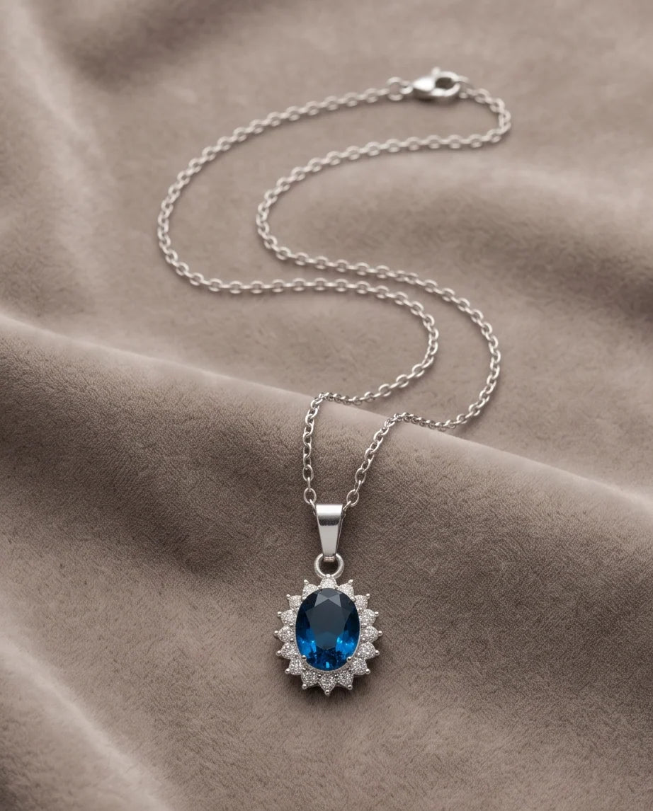 Silver London Blue Oval Halo Medallion Pendant Necklace