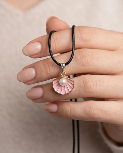 Pink Seashell Enamel Pendant Necklace with Faux Pearl