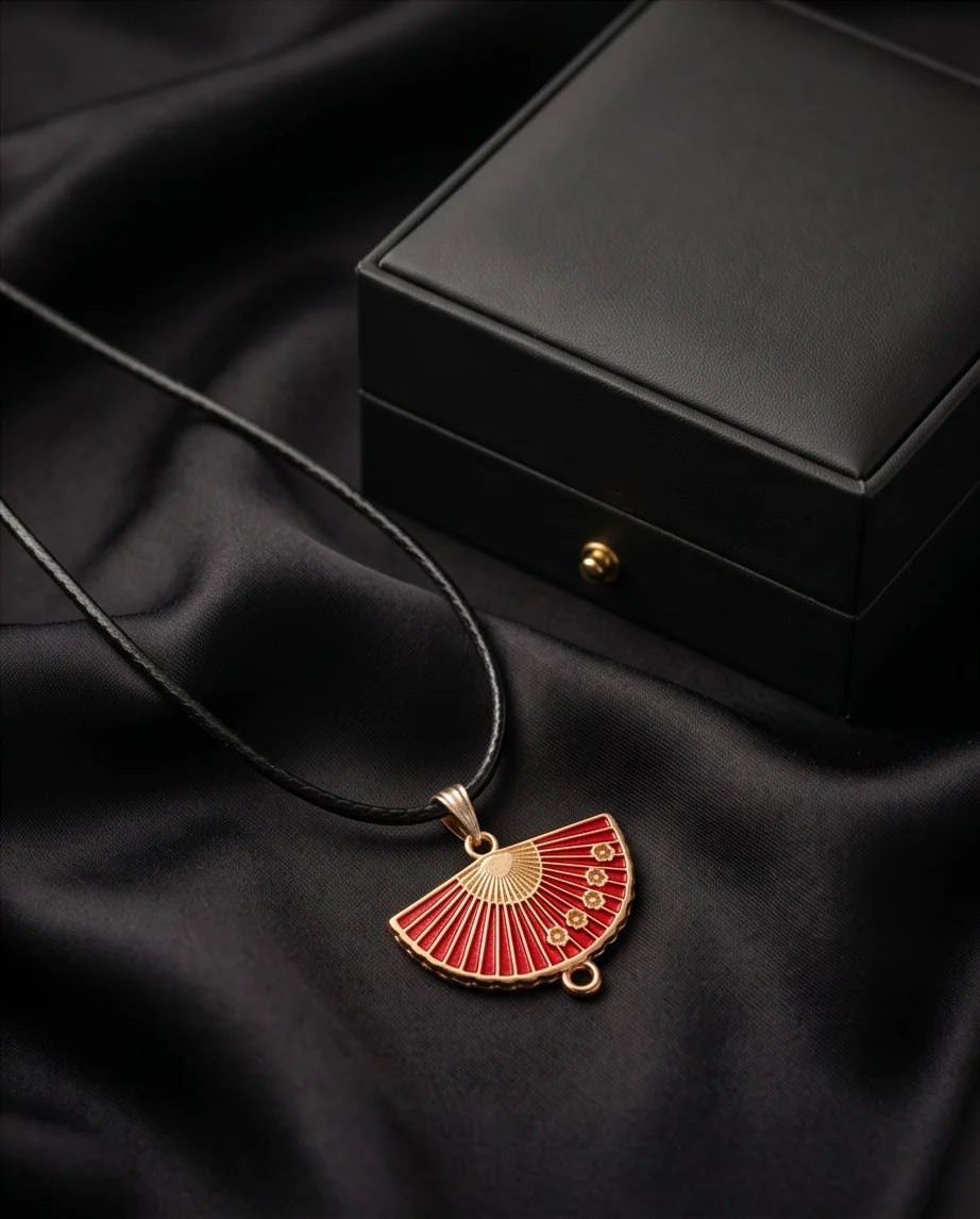 Crimson Sakura Fan Pendant Necklace