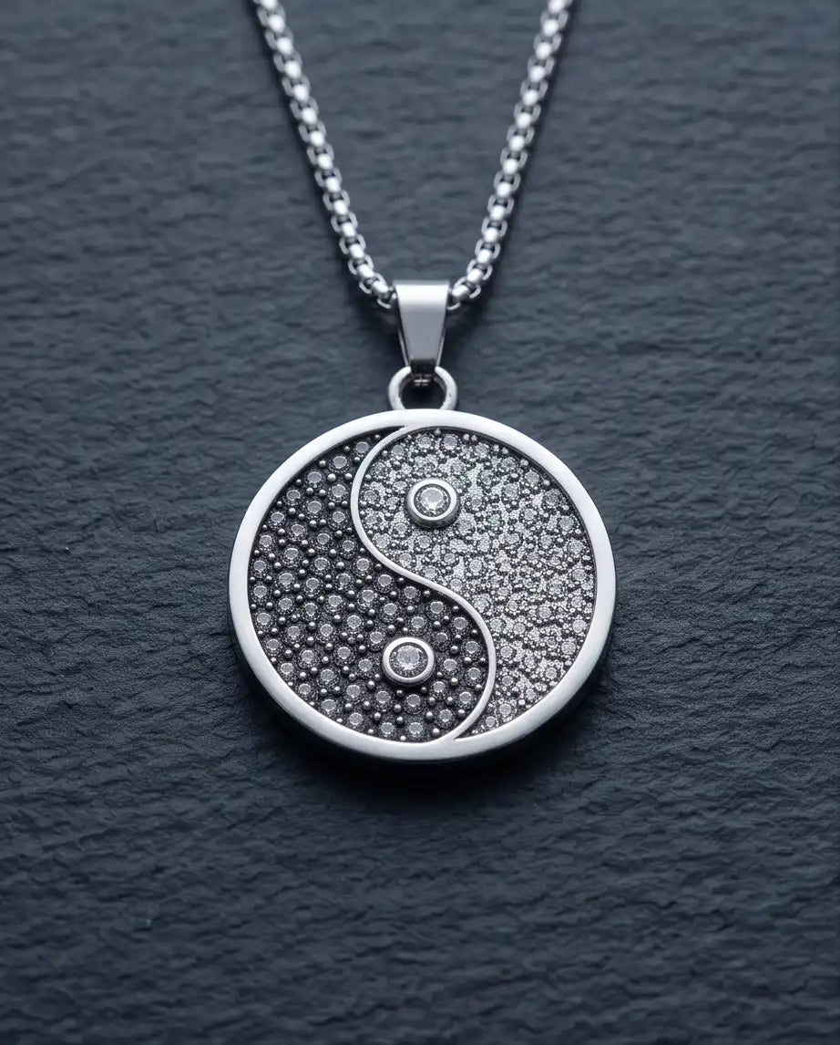 Cubic Zirconia Stippled Yin Yang Medallion Silver Box Chain Necklace
