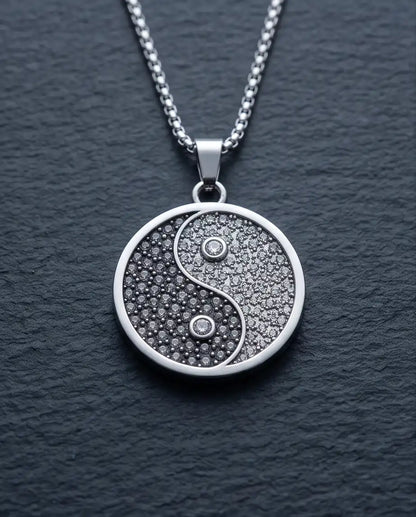Cubic Zirconia Stippled Yin Yang Medallion Silver Box Chain Necklace