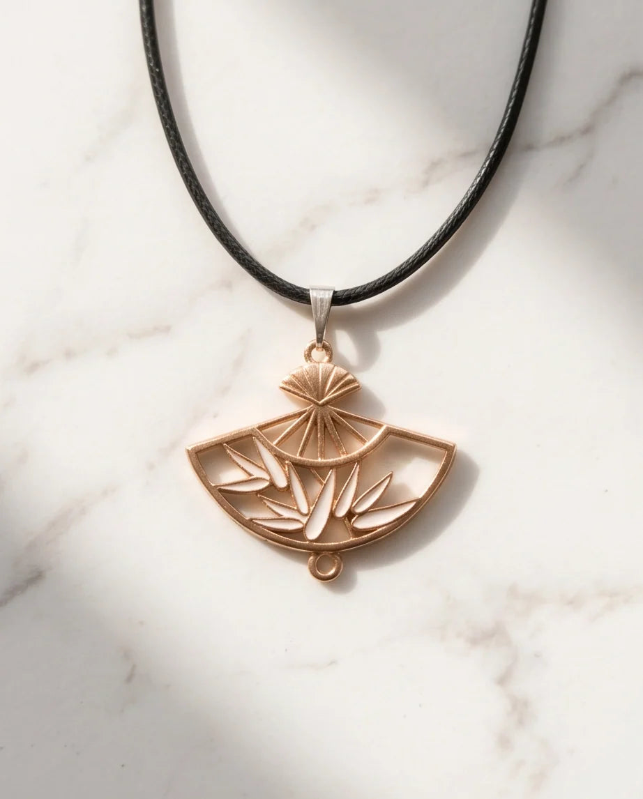 White Leaf Bamboo Fan Pendant Necklace