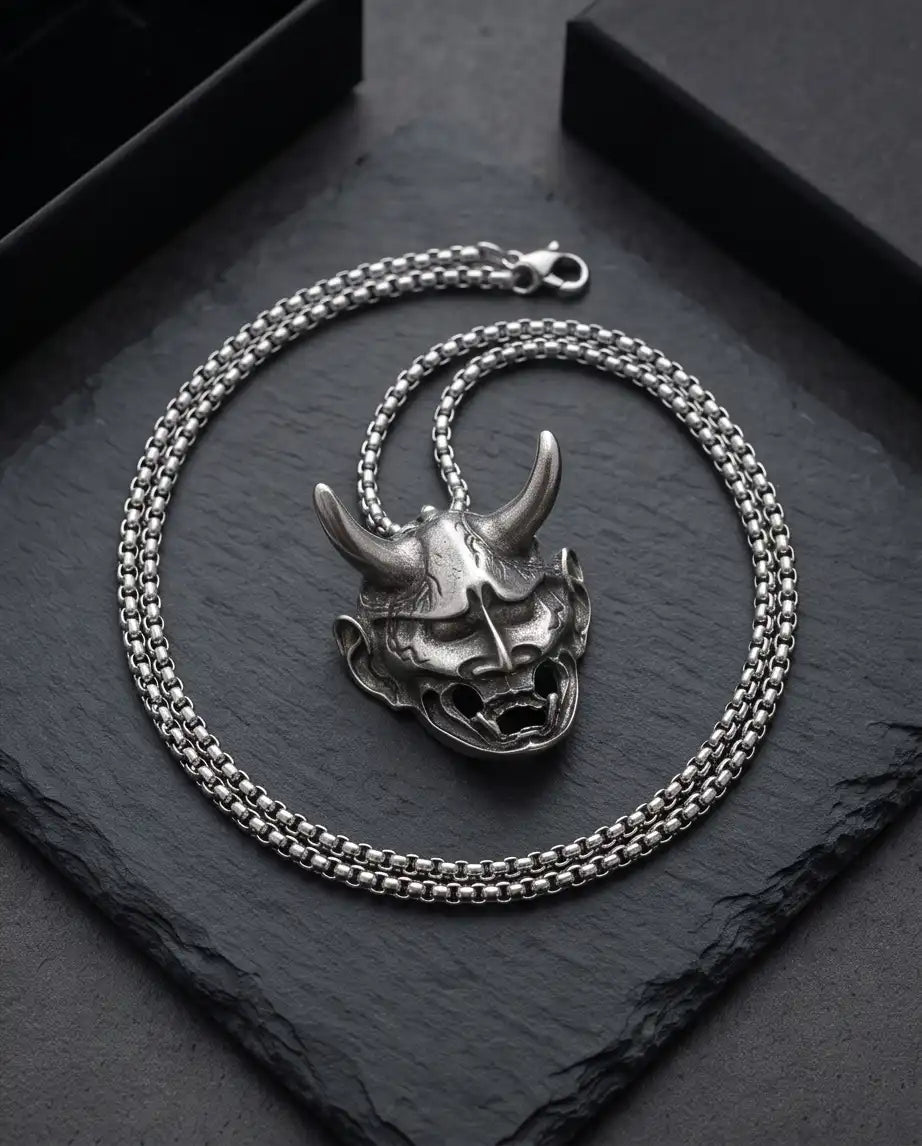Japanese Hannya Mask Pendant Box Chain