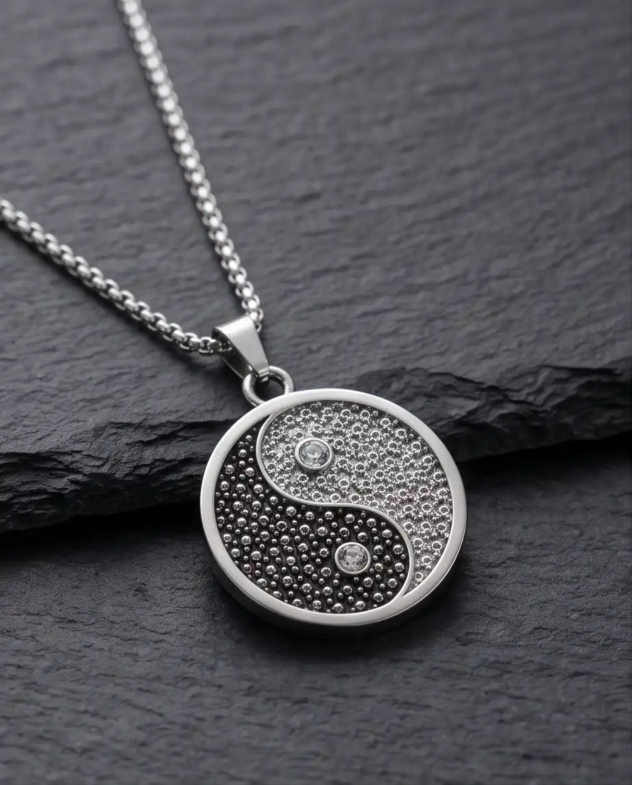 Cubic Zirconia Stippled Yin Yang Medallion Silver Box Chain Necklace