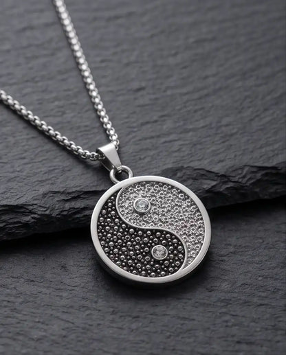 Cubic Zirconia Stippled Yin Yang Medallion Silver Box Chain Necklace
