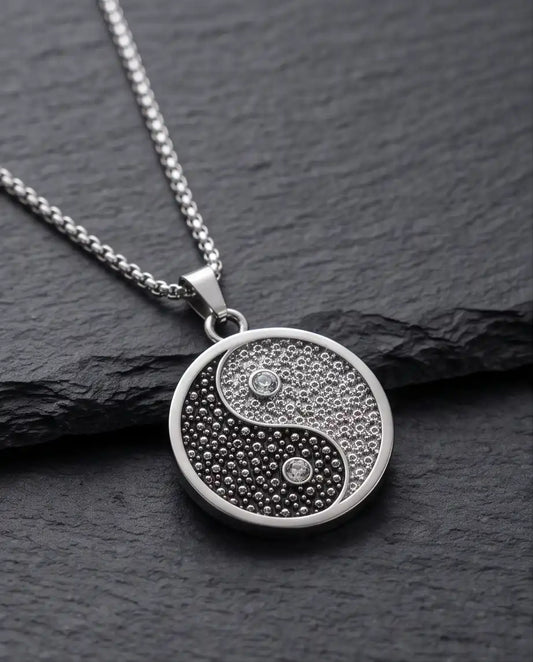 Cubic Zirconia Stippled Yin Yang Medallion Silver Box Chain Necklace