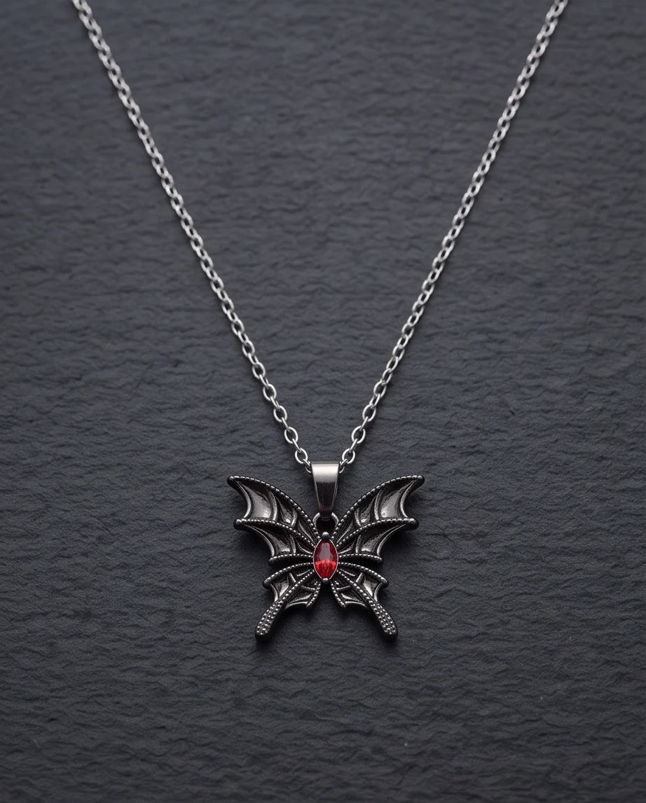 Black Bat-Wing Butterfly Red Gem Pendant Necklace