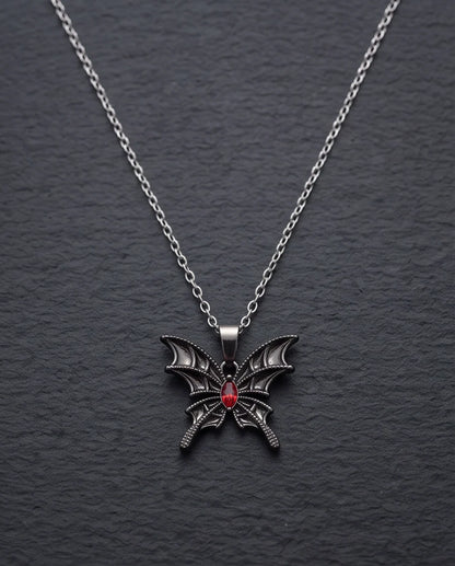 Black Bat-Wing Butterfly Red Gem Pendant Necklace