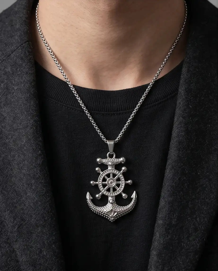Nautical Ship Wheel Anchor Pendant Box Chain
