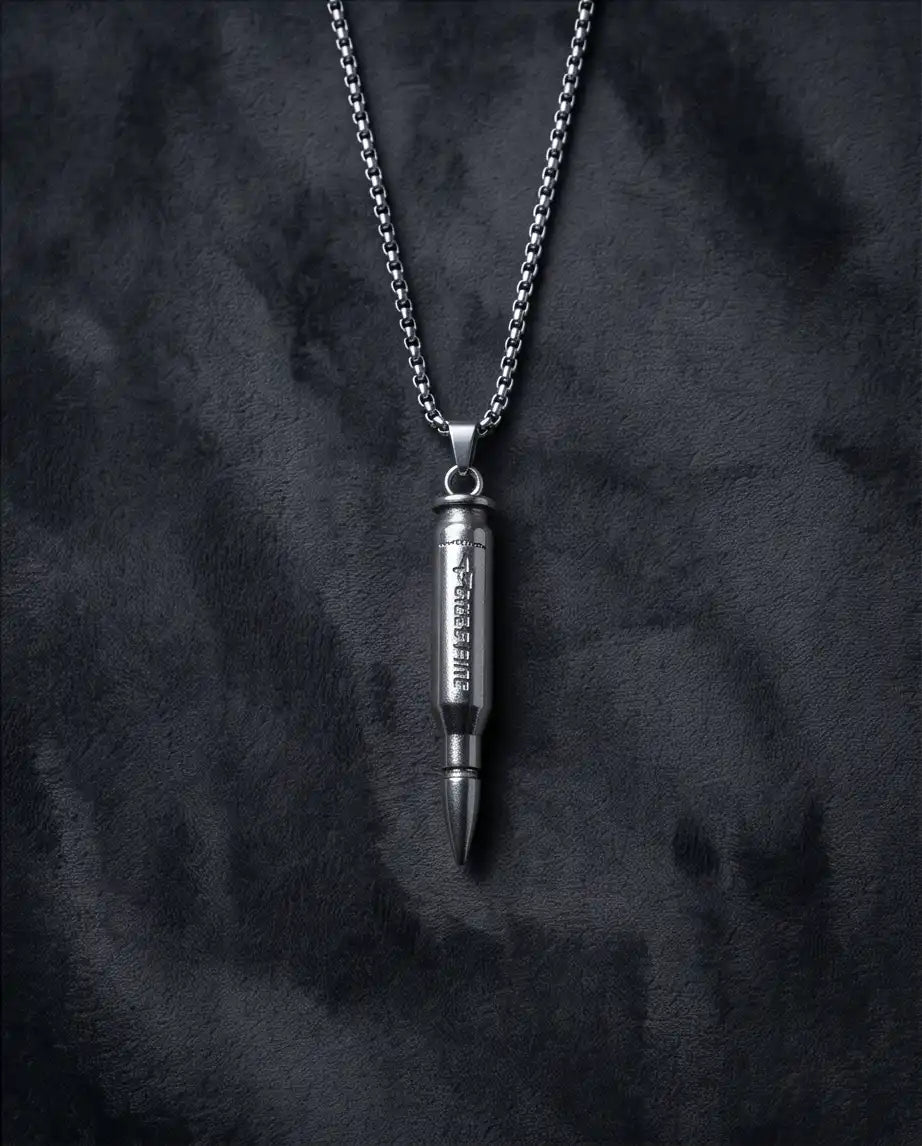 Engraved Bullet Pendant Silver Box Chain Necklace