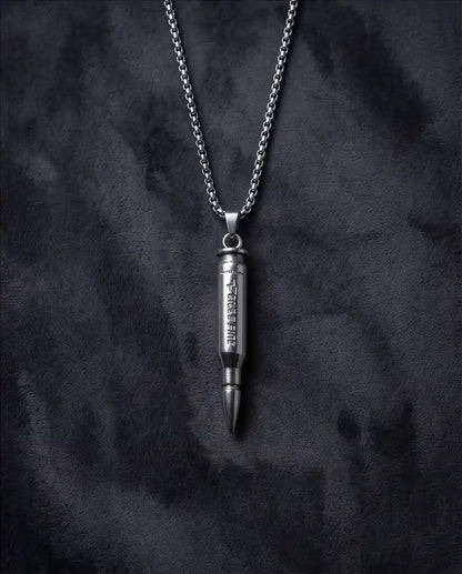 Engraved Bullet Pendant Silver Box Chain Necklace